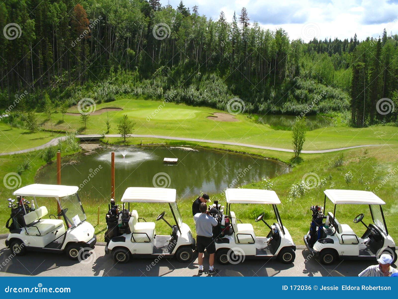 Four Golf Carts Infront of Fountain Stock Photo Image of sports
