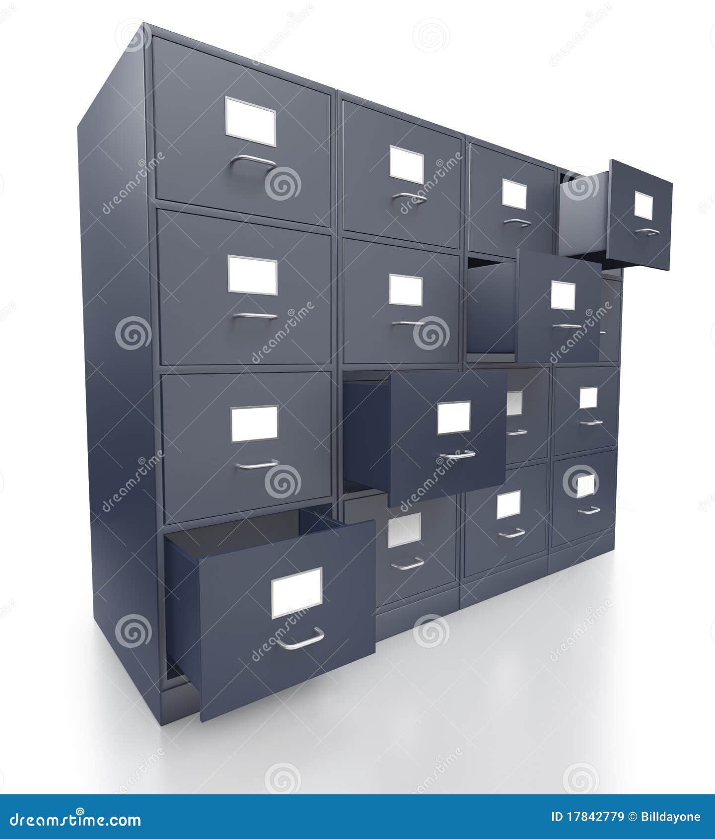 Four Grey Office Filing Cabinets With Open Drawers Stock