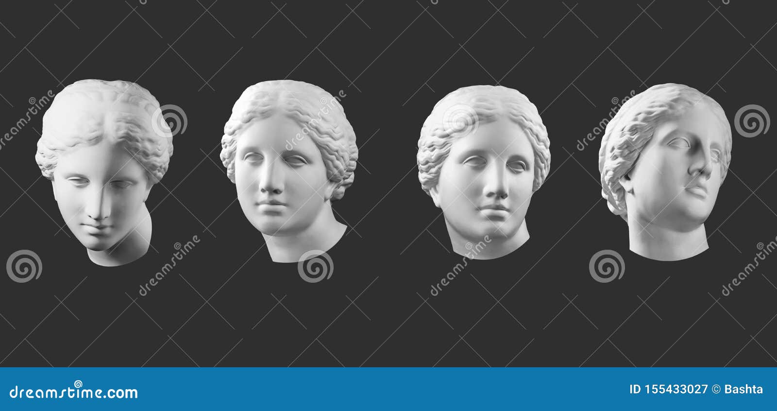 four gypsum copy of ancient statue venus head  on black background. plaster sculpture woman face.