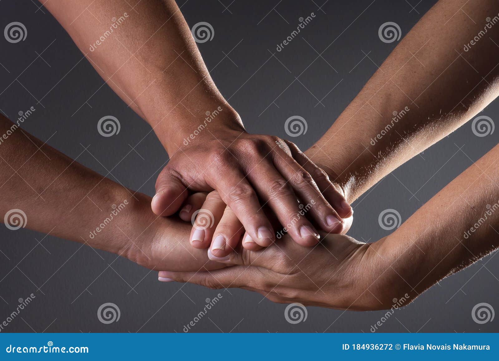 Four Hands in a Concept of Togetherness. Grey Background Stock Photo ...