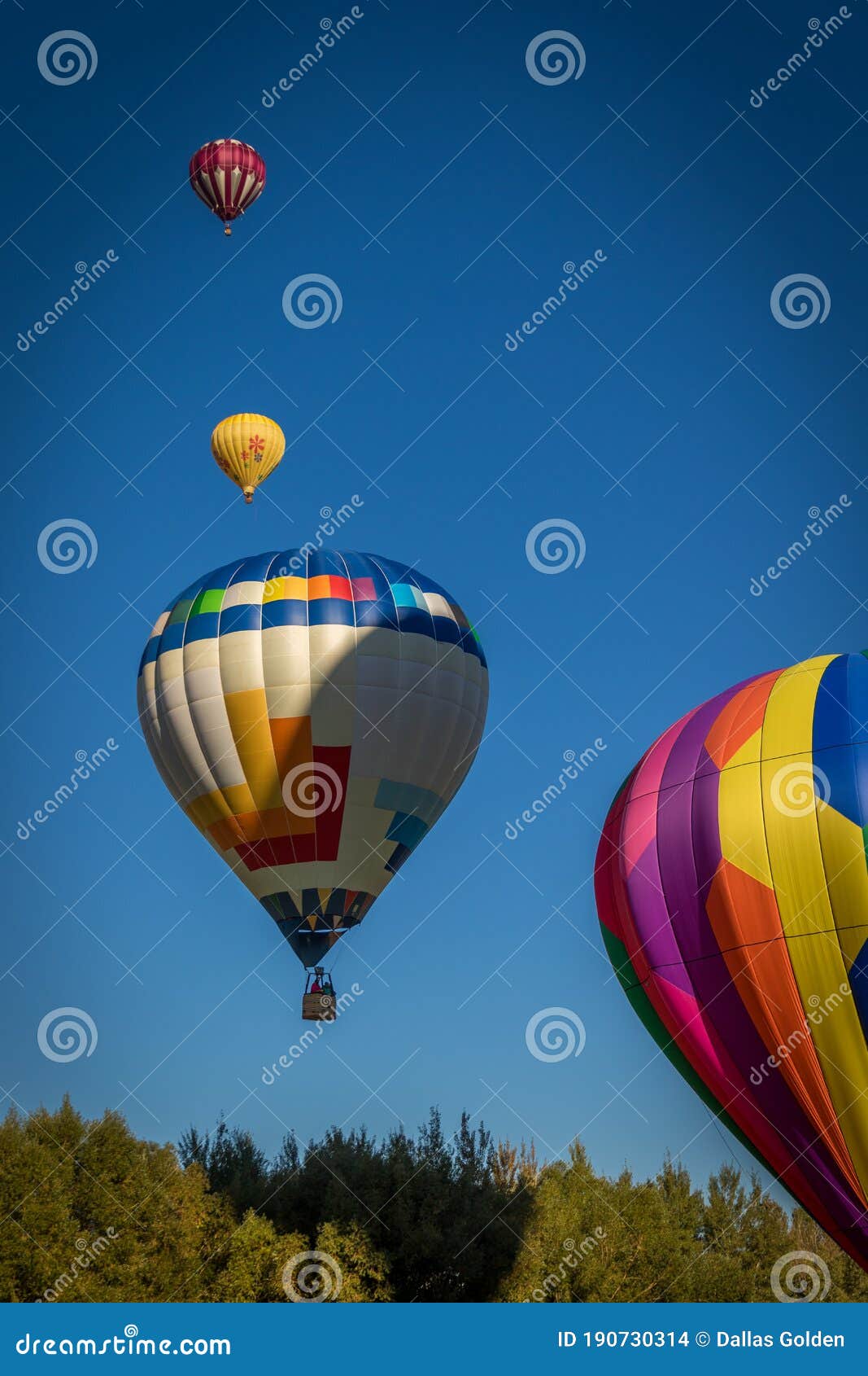 Four Hot Air Balloons in a Line Flying at Different Altitudes Editorial