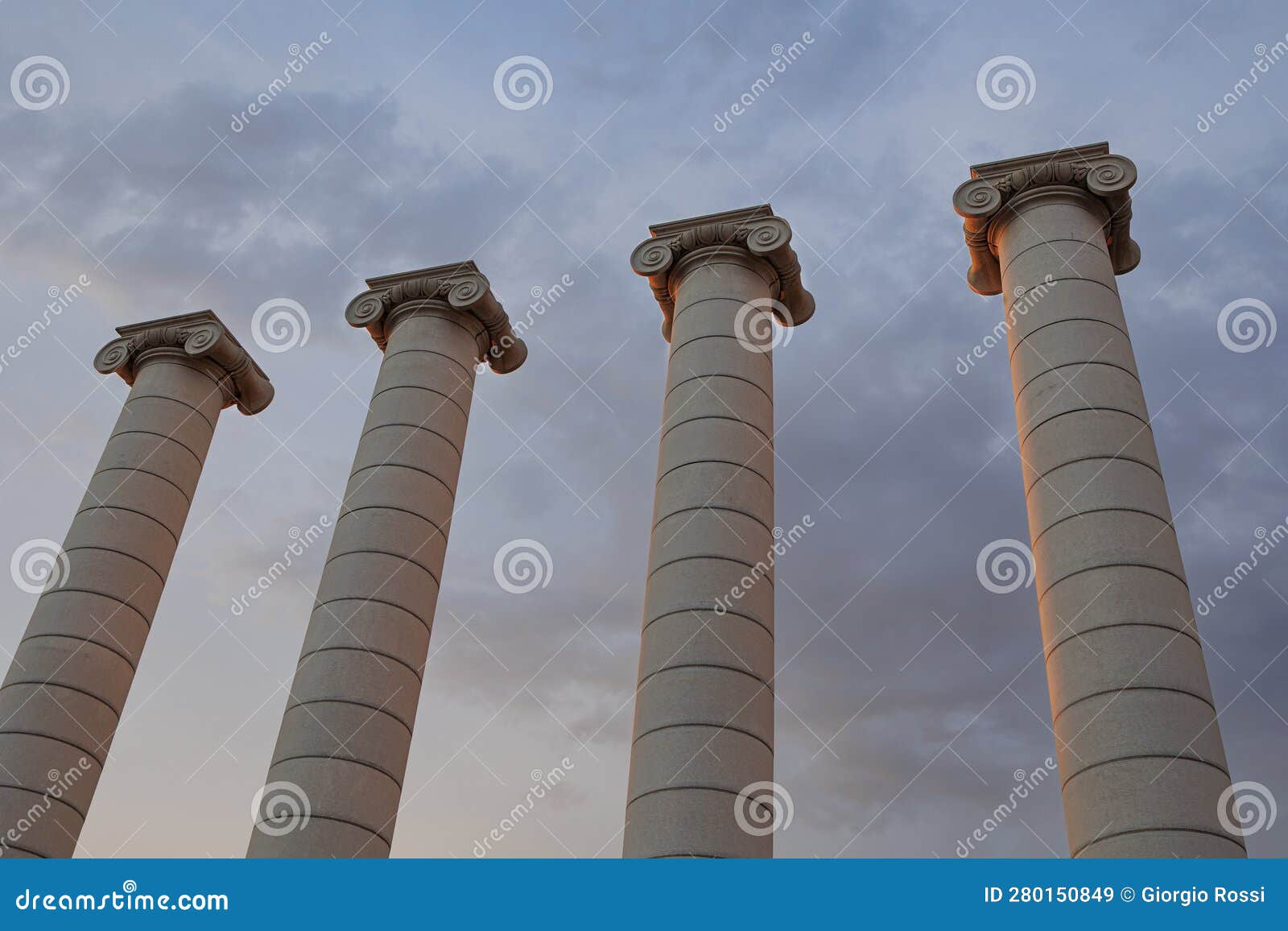 the four ionic columns at sunset, les quatre columnes in catalan, created by josep puig i cadafalch in barcelona, spain