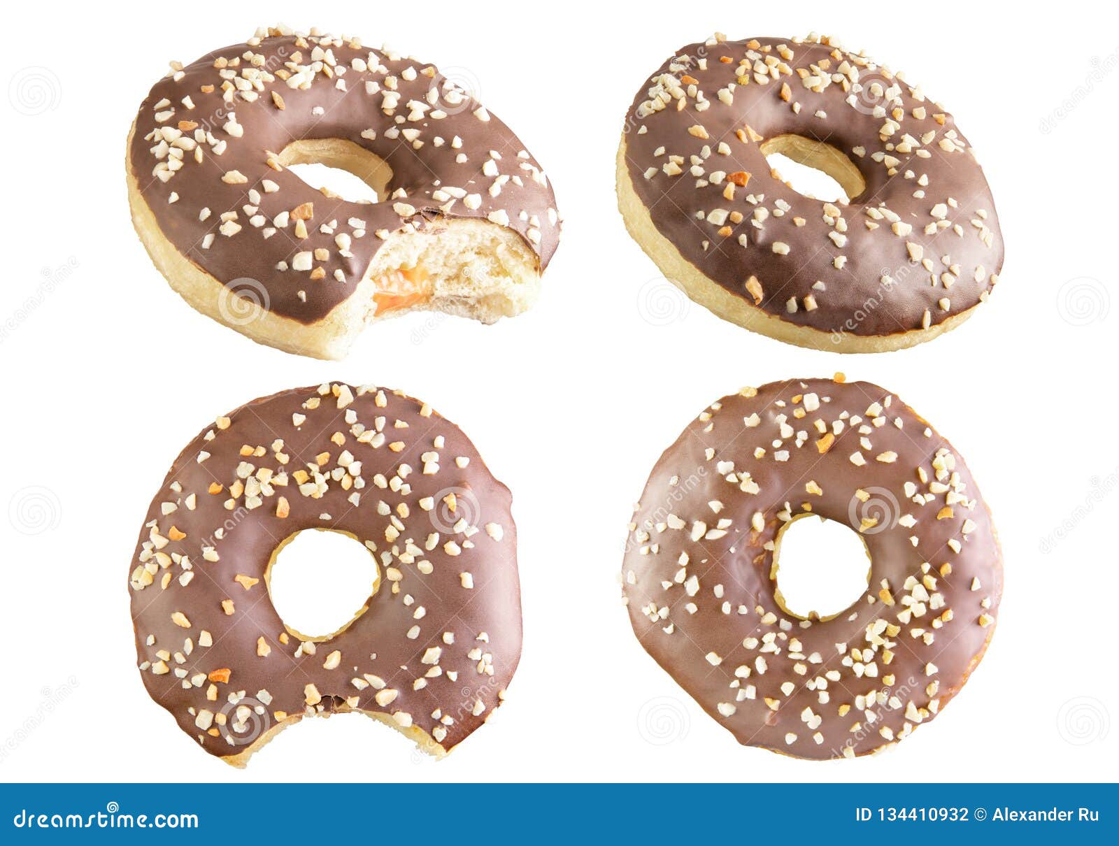 4 Four Isolated Chocolate Donuts Shot into a Stack. Photographed by