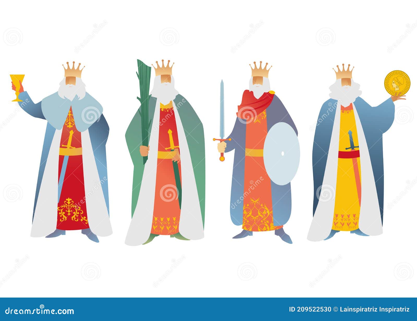 four kings dressed in ancient clothes, carrying rods, cups, golds, swords and shields. playing card figures