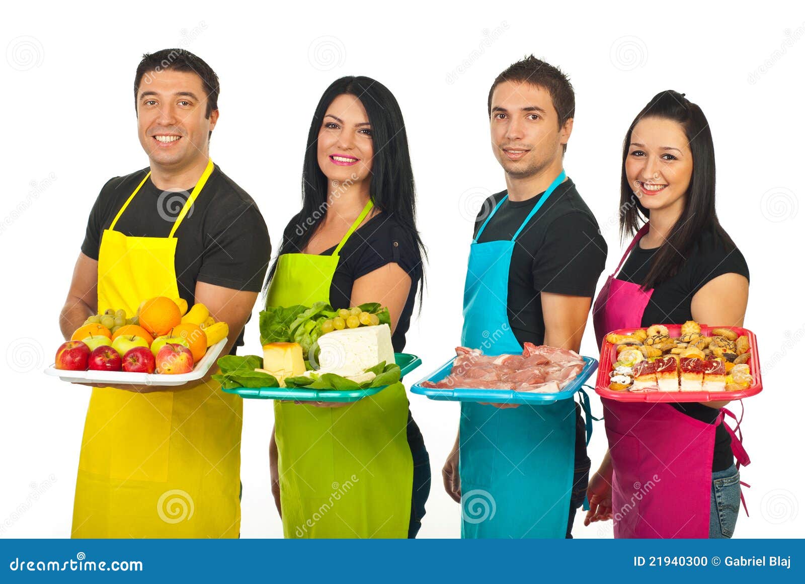 Four Market Workers with Their Products Stock Photo Image of food