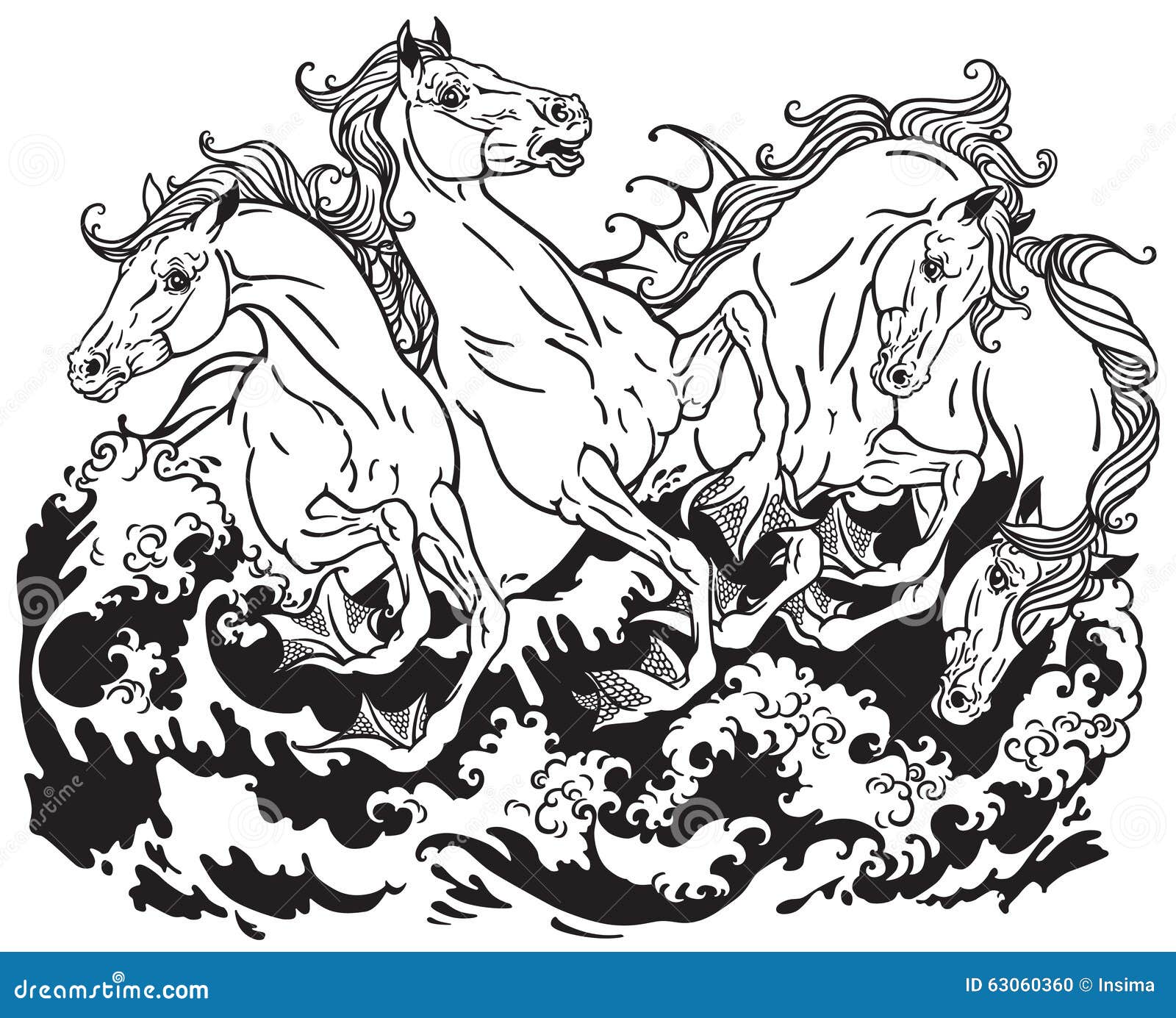 four mythological seahorses