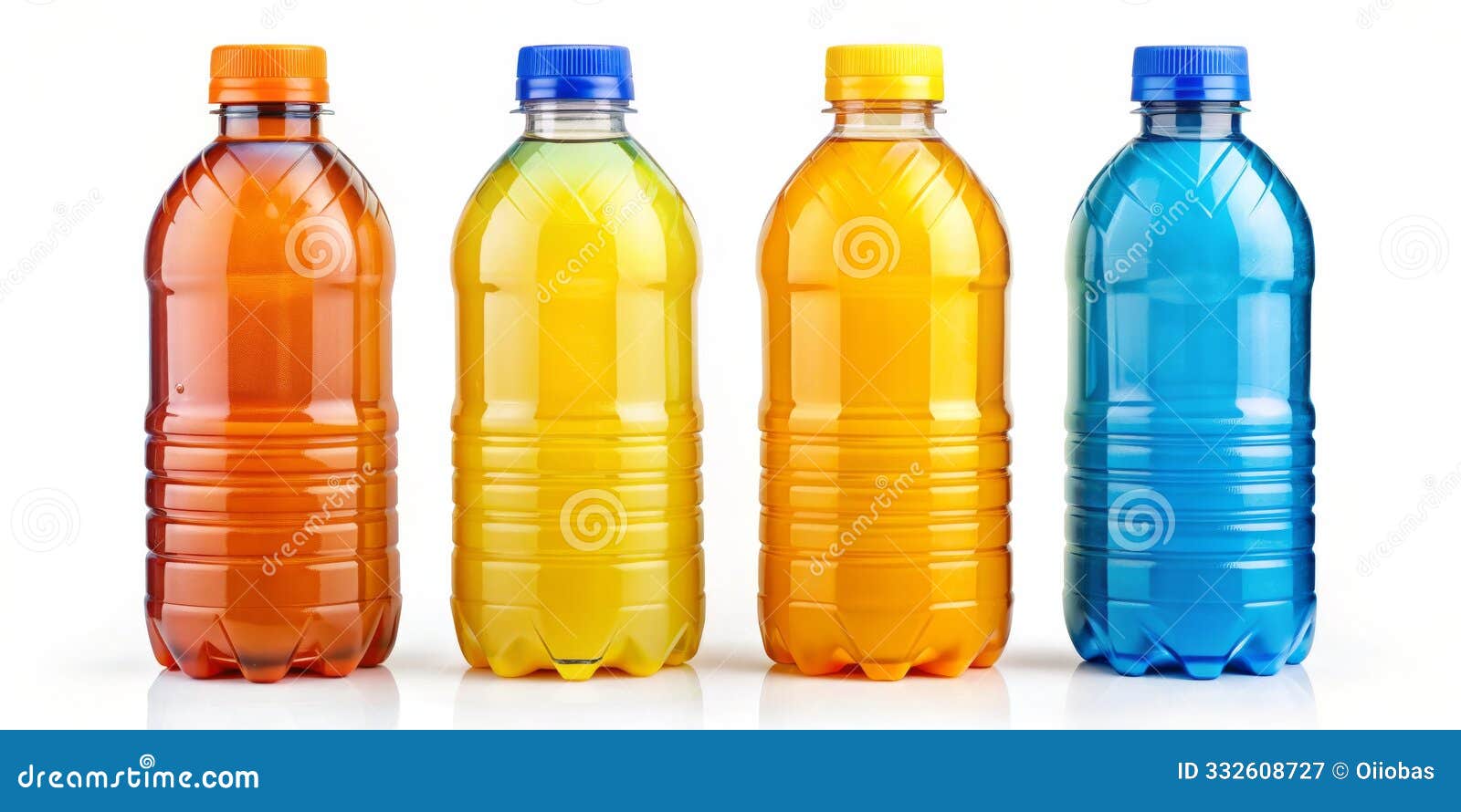 four plastic bottles with colorful drinks on white background