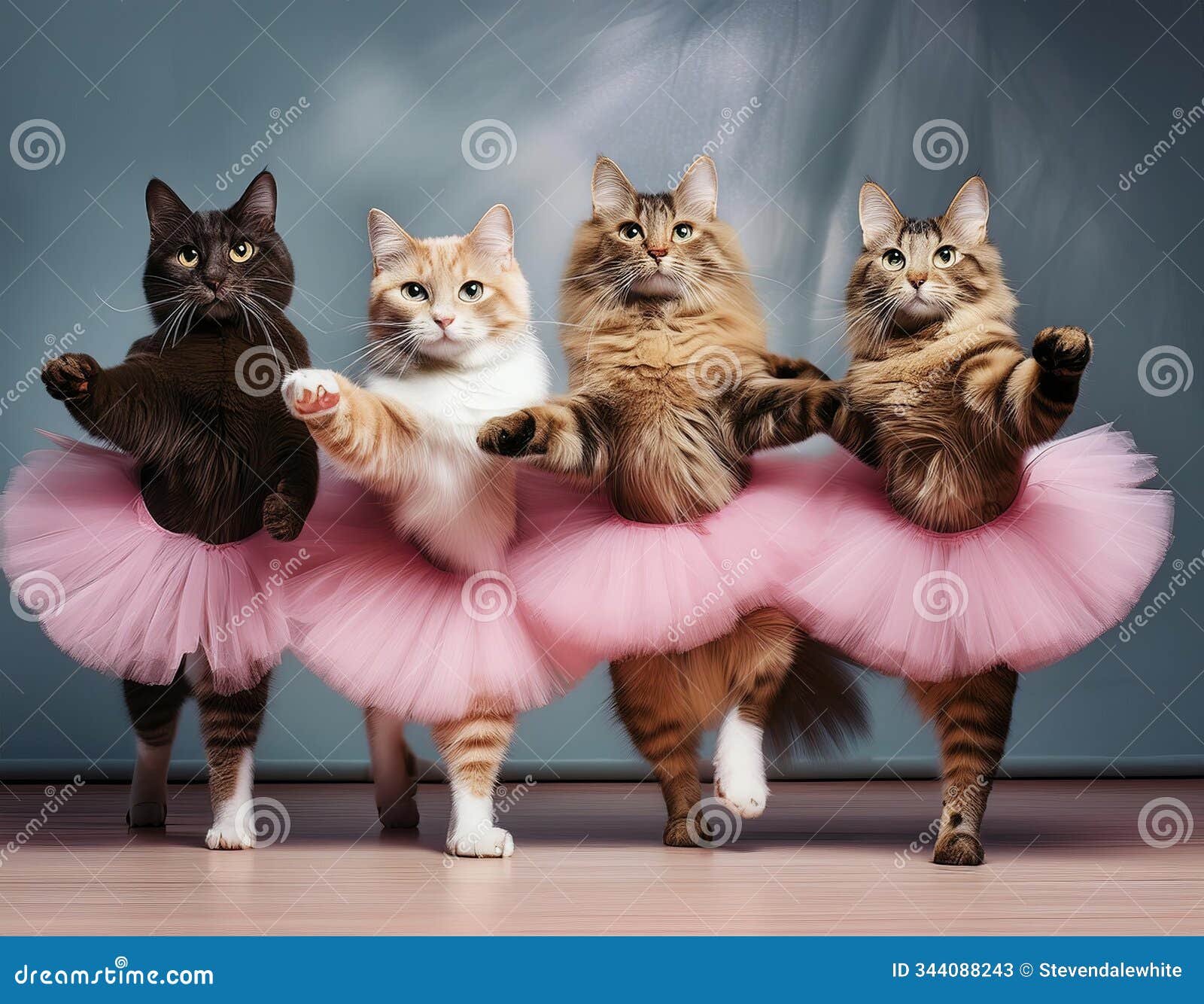 four playful cats wearing pink tutus dance gracefully together in a charming indoor setting during the afternoon