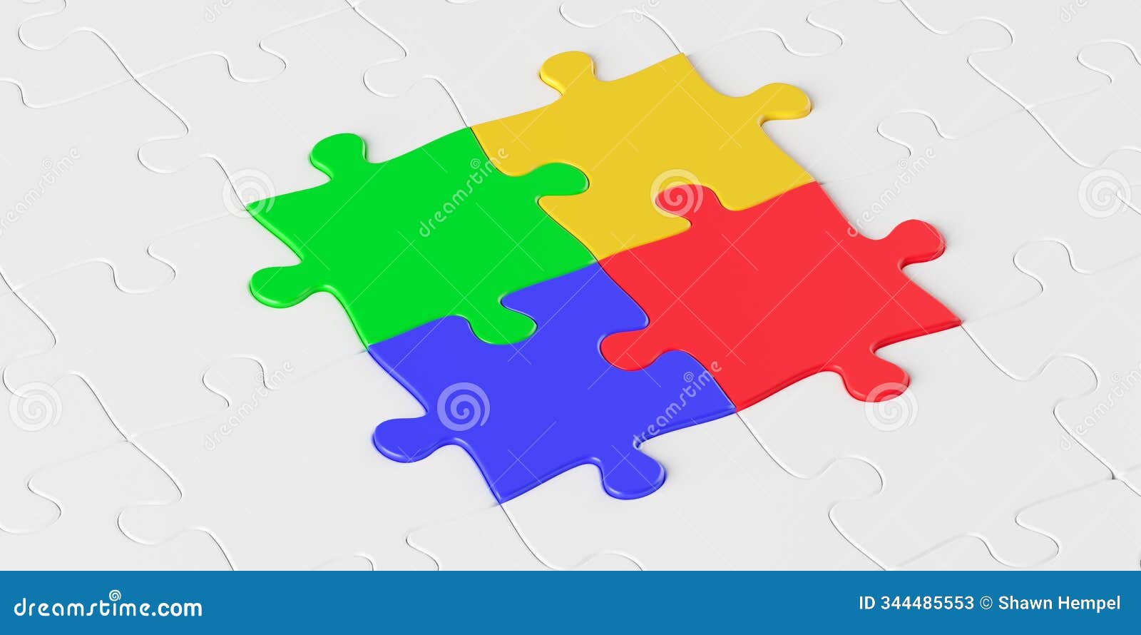 four red, green, blue and yellow colored jigsaw puzzle pieces in white jigsaw puzzle background, brainstorming, software module or