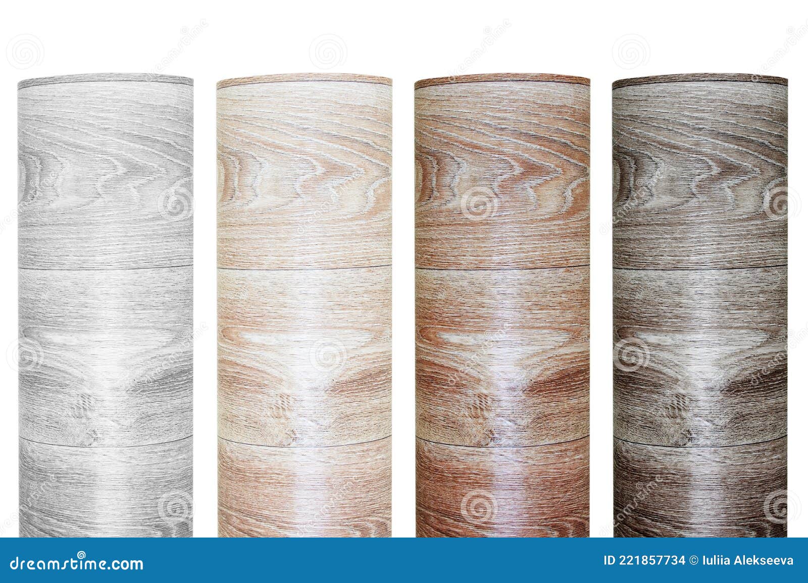 Four Samples of Rolled Linoleum Roll with Wood Texture. Isolate Stock