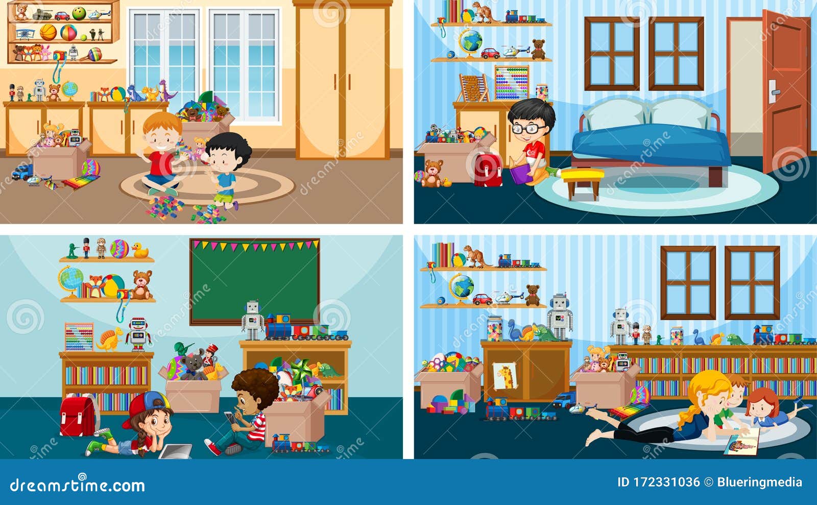 Four Scenes With Kids Playing And Reading In Different Rooms Stock