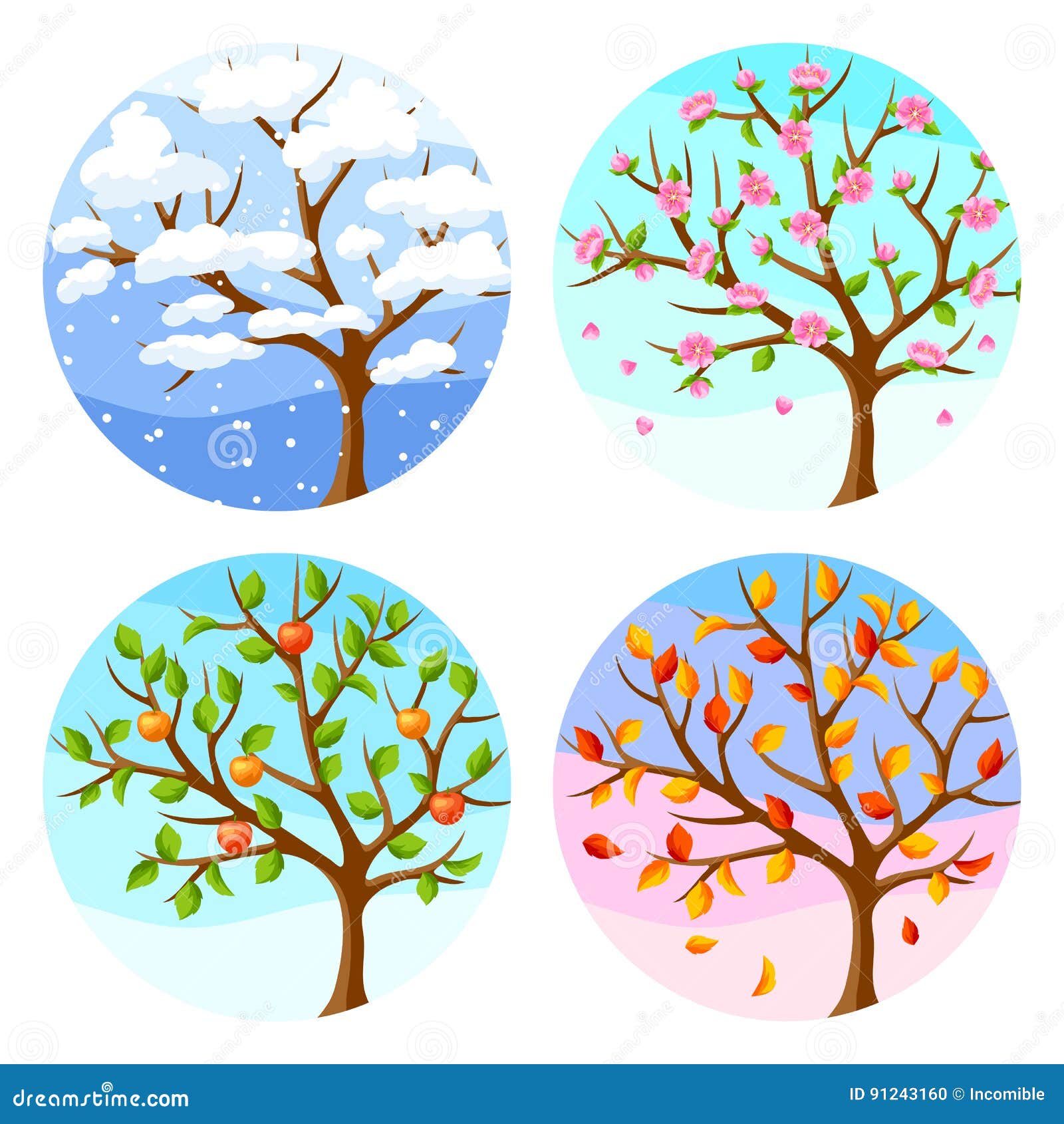 Four Seasons. Illustration Of Tree And Landscape In Winter ...