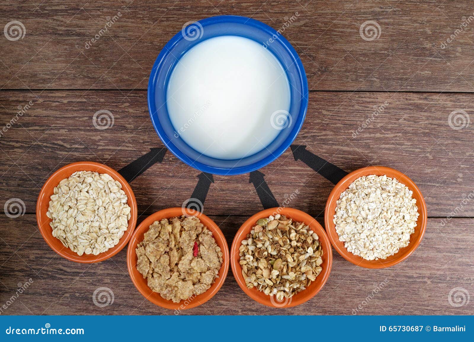 Four Small Bowls with Different Cereals and Bowl with Milk, Business
