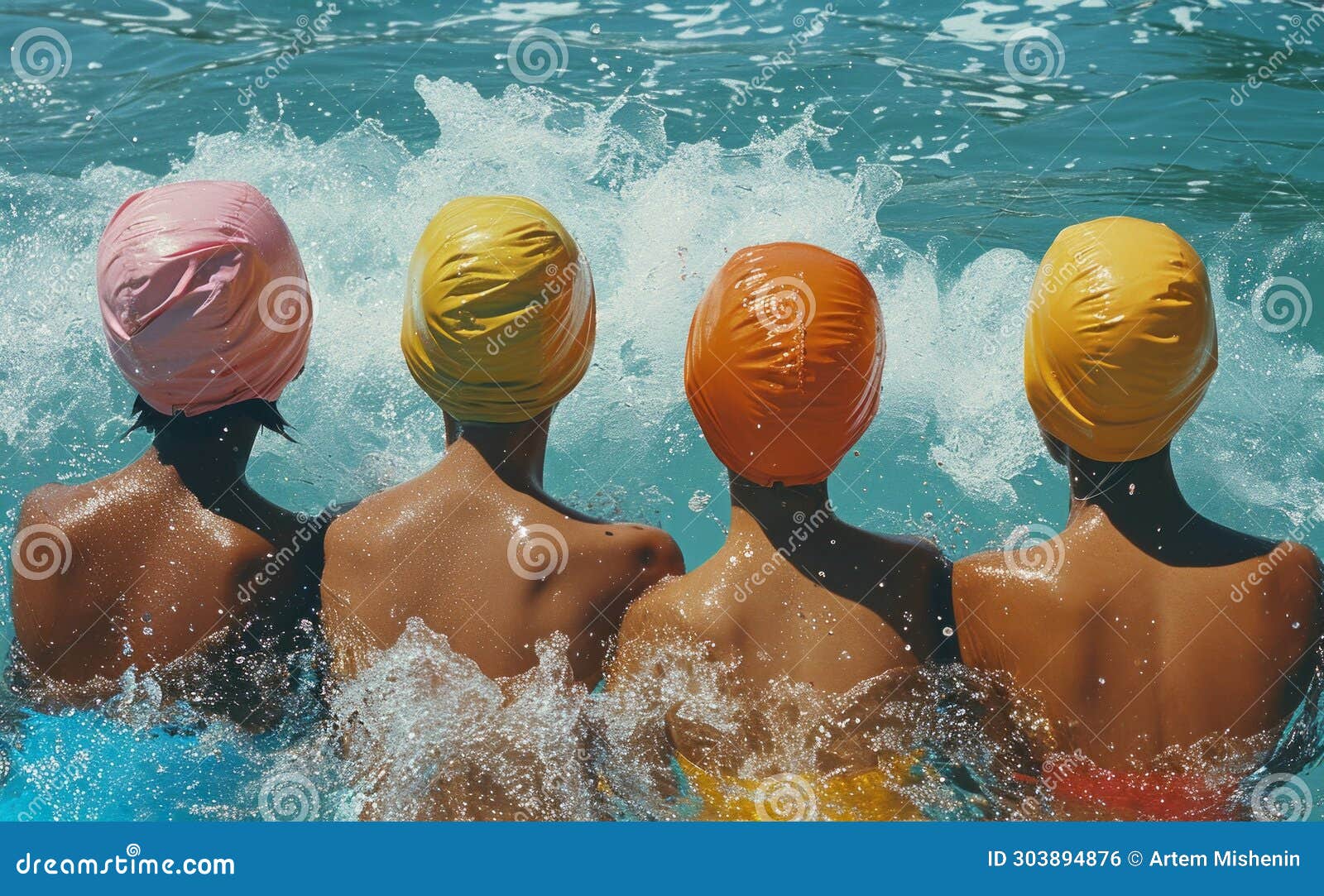 Four Swimmers in Colorful Caps Create a Dynamic Splash in the Pool