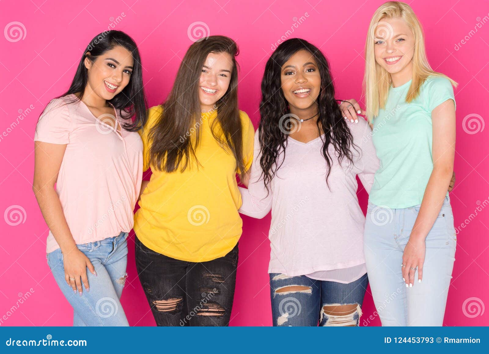 Studio Photo Of Four Pretty Teenage Girls In Tight Group On White. Stock  Photo, Picture and Royalty Free Image. Image 18663846.