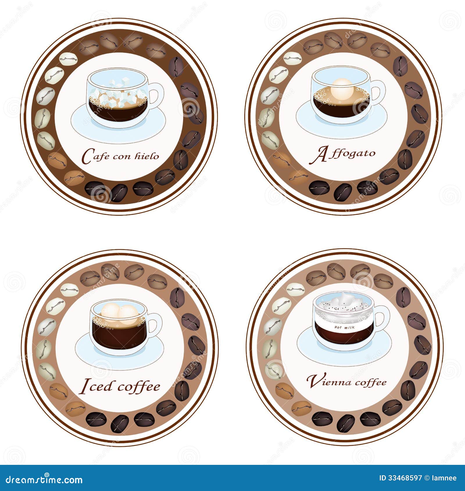 four type of coffee drink in retro round label