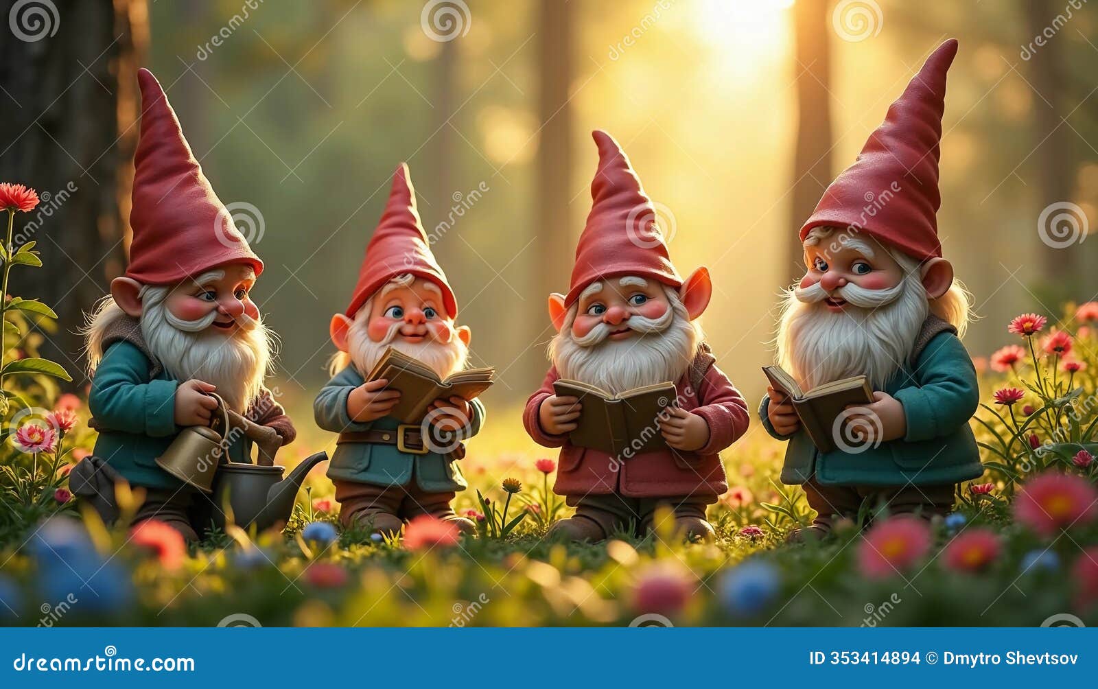 four whimsical gnomes gather in a vibrant forest glade, sharing stories under the warm glow of a setting sun. generative ai