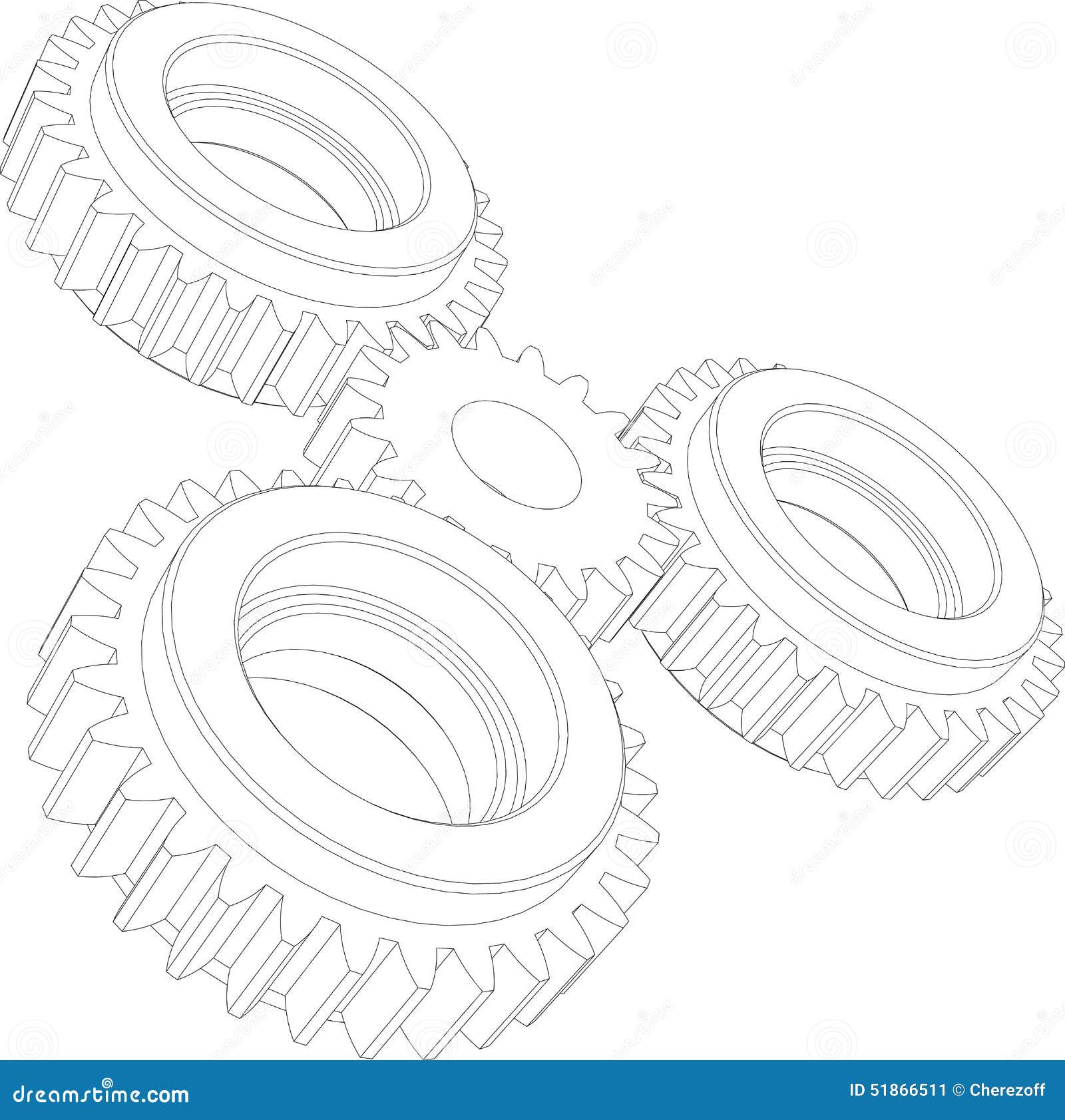 Four Wireframe Gears. Perspective View Stock Vector Illustration of