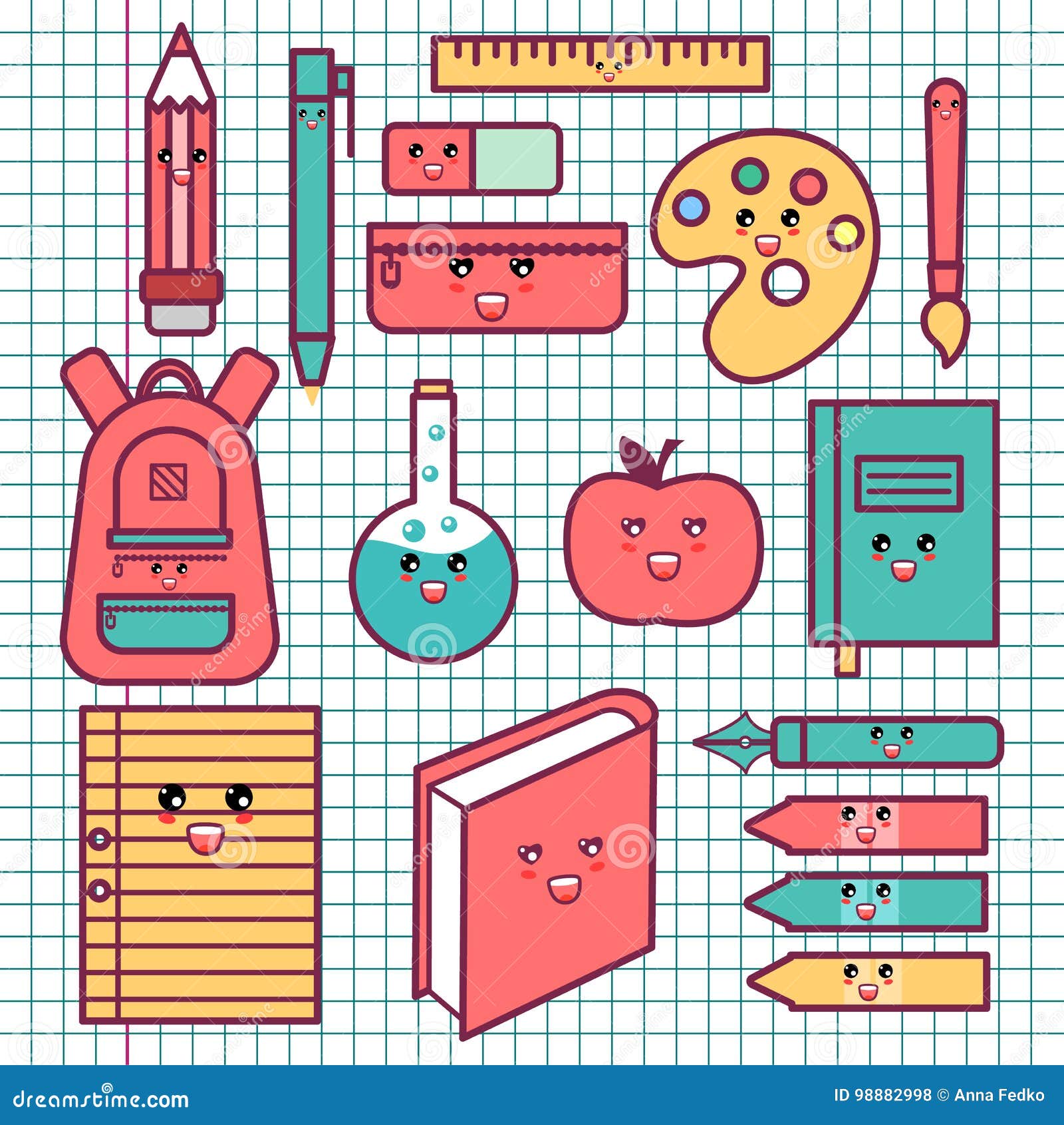 Dessin De Fourniture Scolaire A Imprimer Fournitures Scolaires Heureuses Mignonnes De Kawaii Réglées