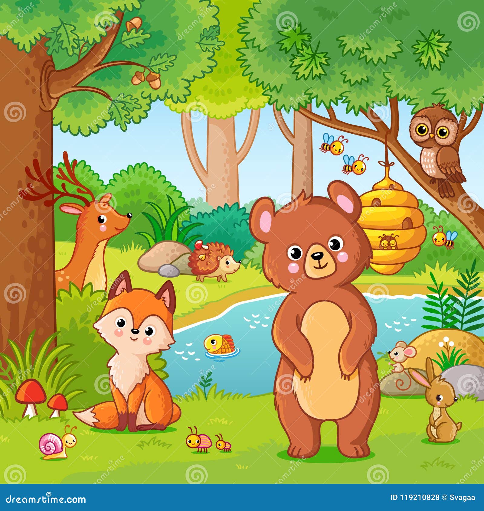 Fox and Bear in the Forest. Stock Illustration - Illustration of ...