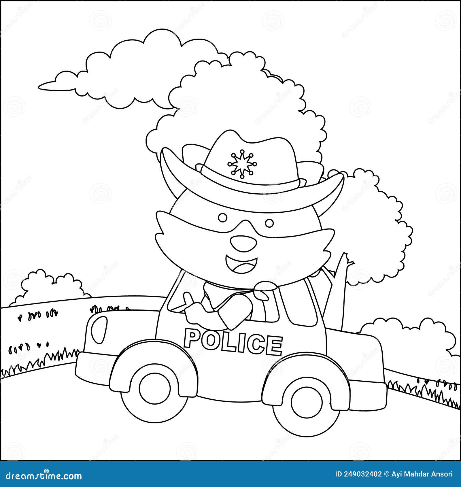 Desenho de urso engraçado no carro da polícia. jogo de papel de