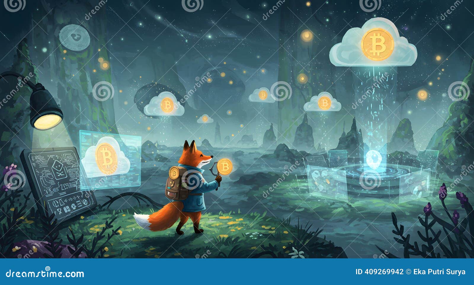 Fox Explorer in a Mystical Crypto Forest Stock Illustration - Illustration  of cryptocurrency, mining: 409269942