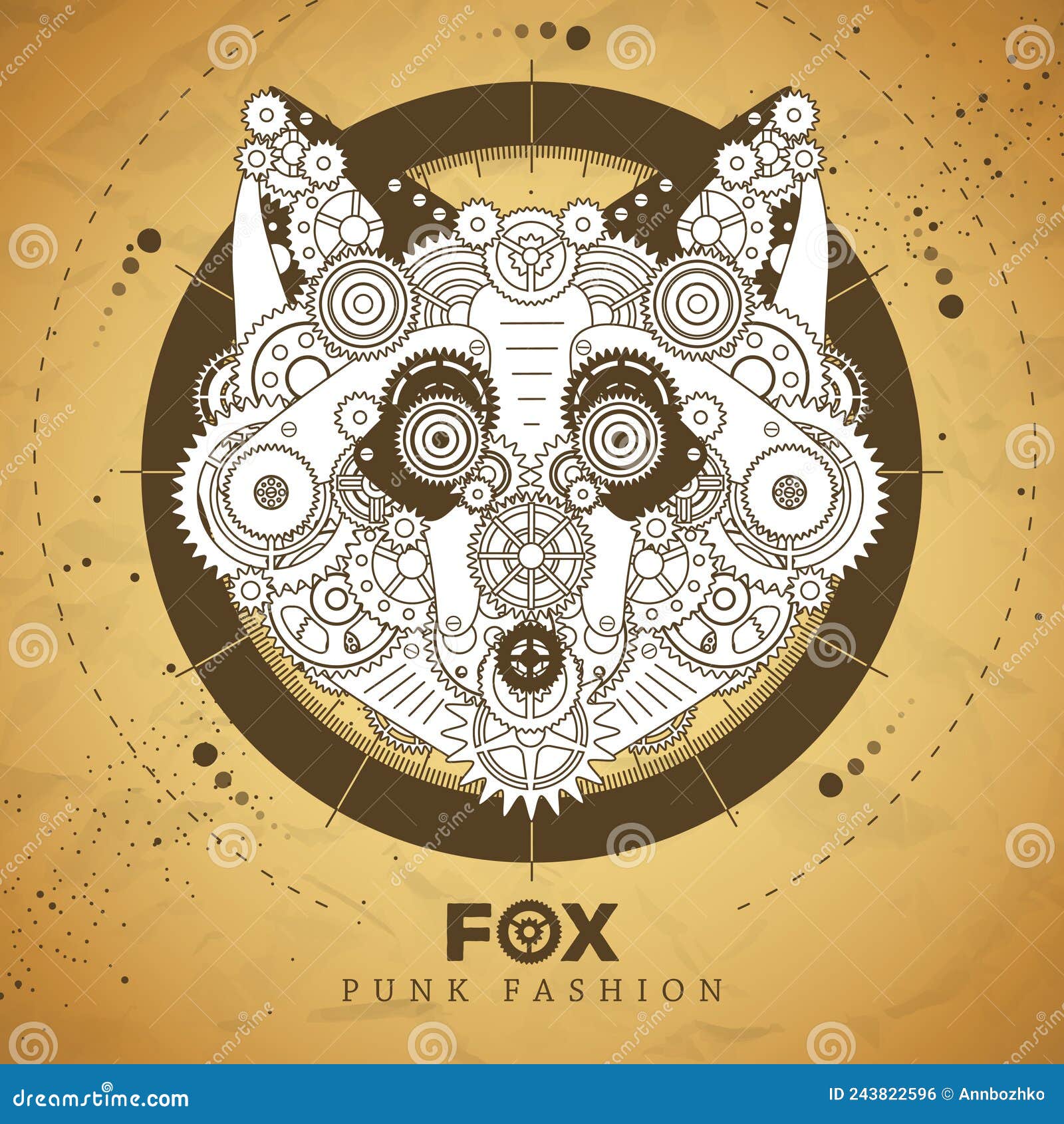 fox face silhouette with gears on old paper texture background. punk style.