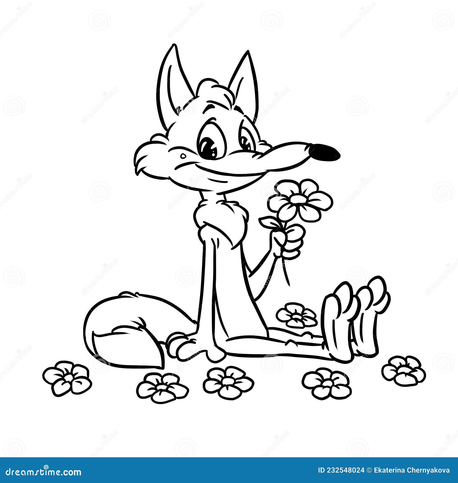 fox kind animal sitting meadow flowers  cartoon coloring