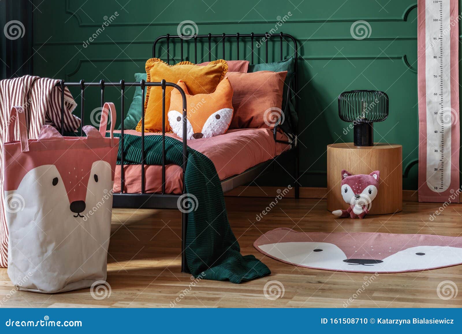 Fox Theme in Cute Bedroom Interior with Green Wall and Orange Bedding