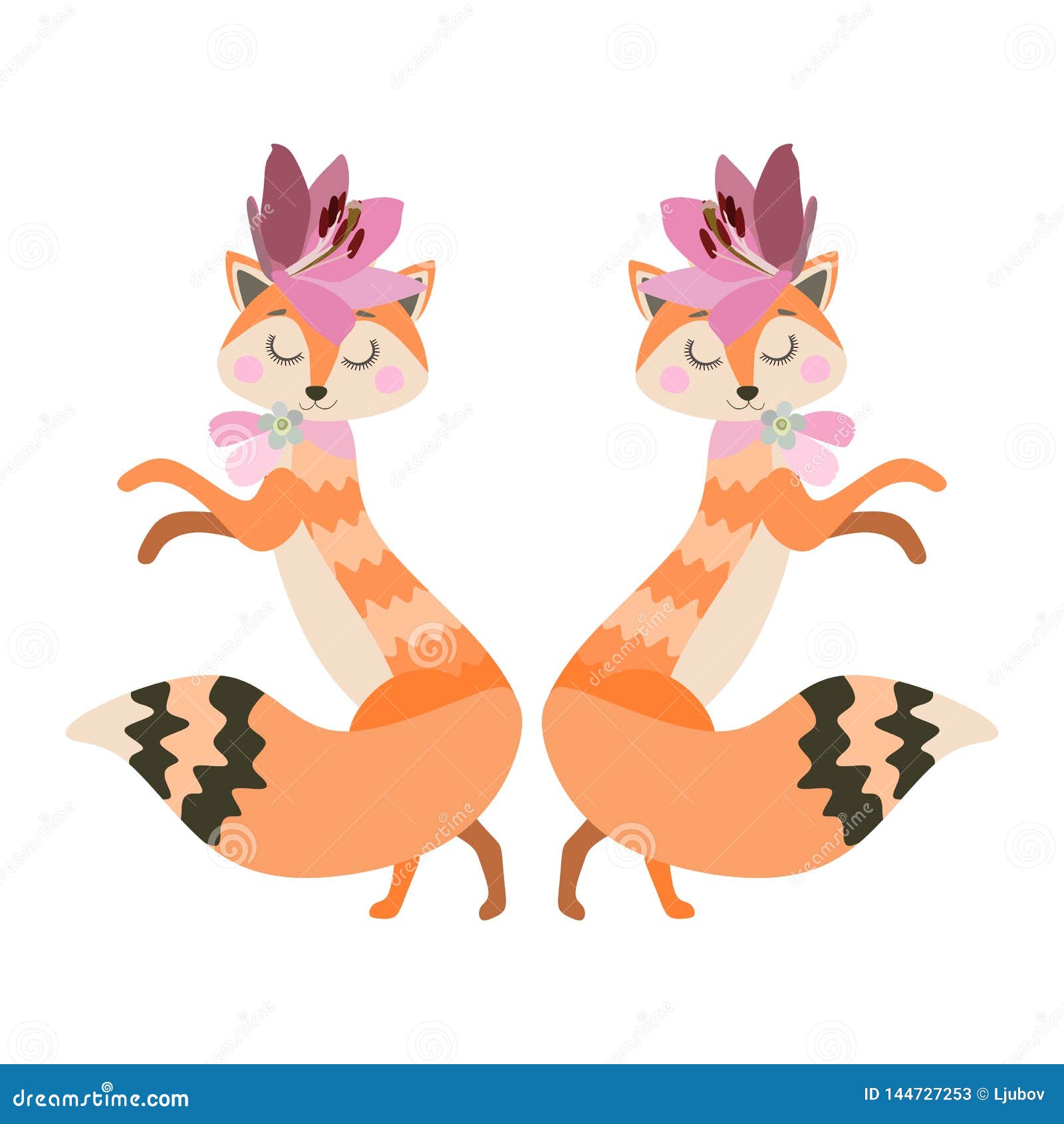 foxes - fashionistas are dancing.  on white background in . beautiful greeting card for children