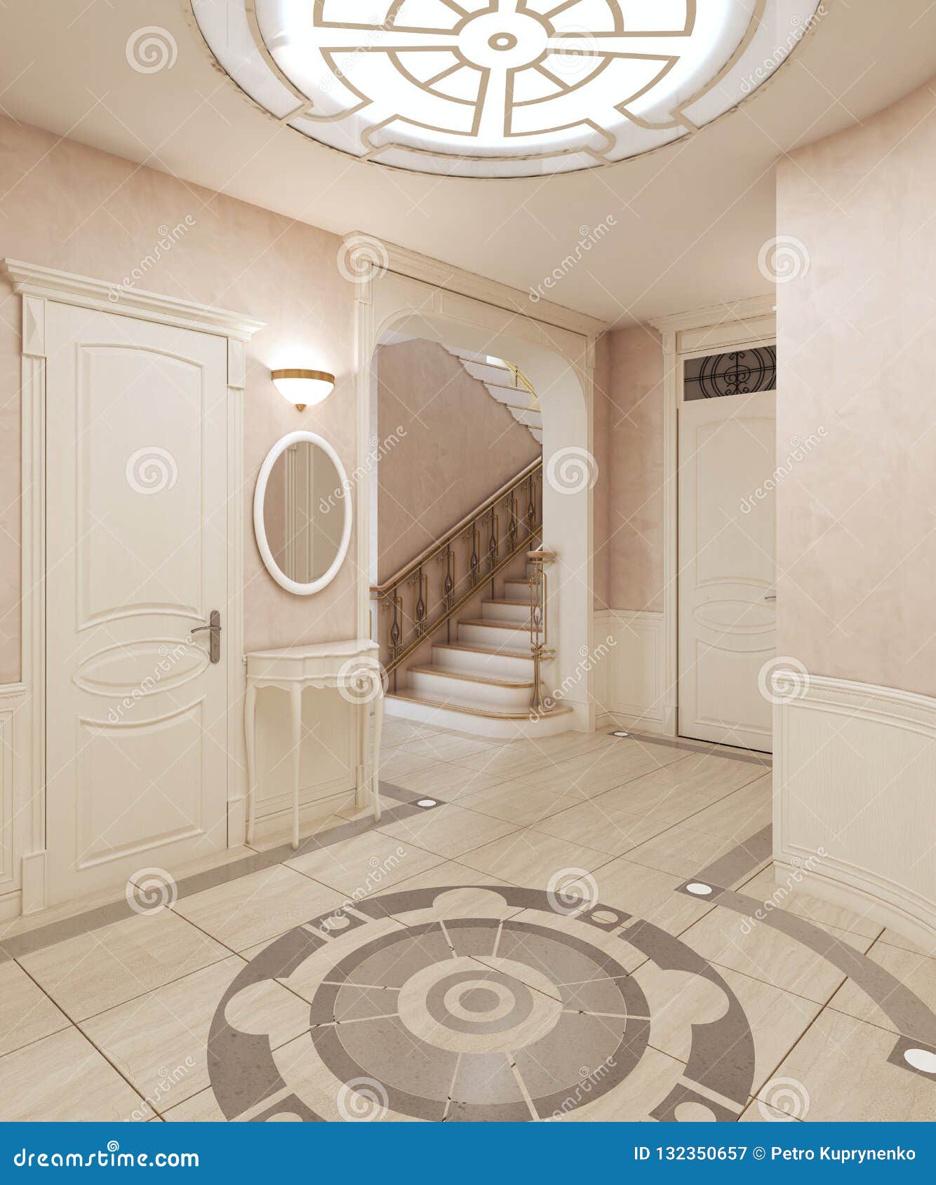 The Foyer Is In Classical Style With A Marble Floor And Beige