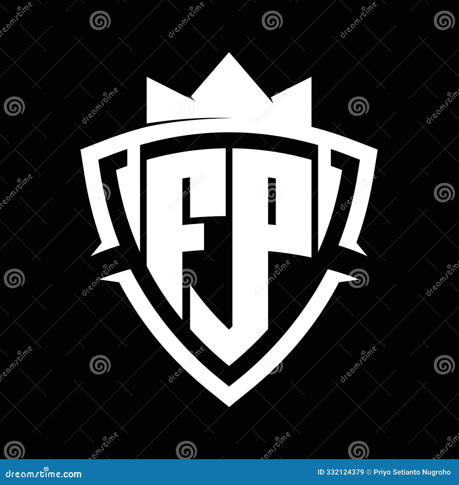 fp letter monogram with triangle curve shield  with crown white and black background color 