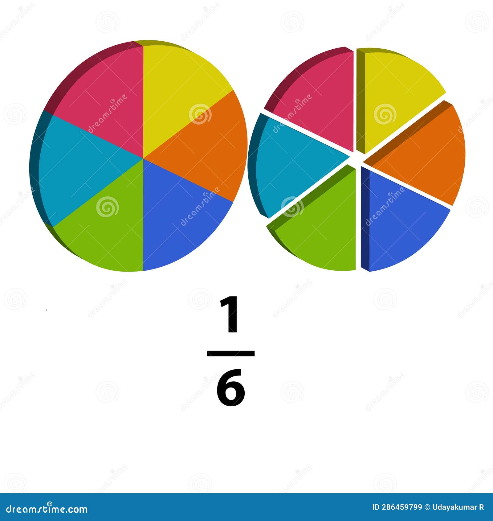 A Fraction Pie is Divided into One-six Slices, Each Showing Math