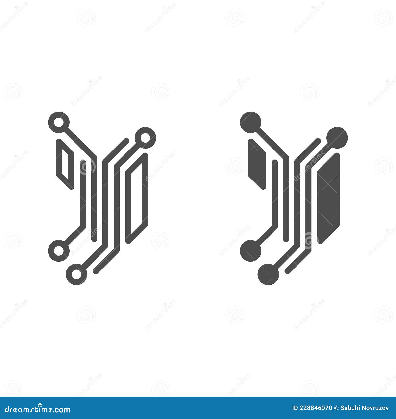 fragment of analog circuit layout line and solid icon, electronics concept, part of analog pcb  sign on white