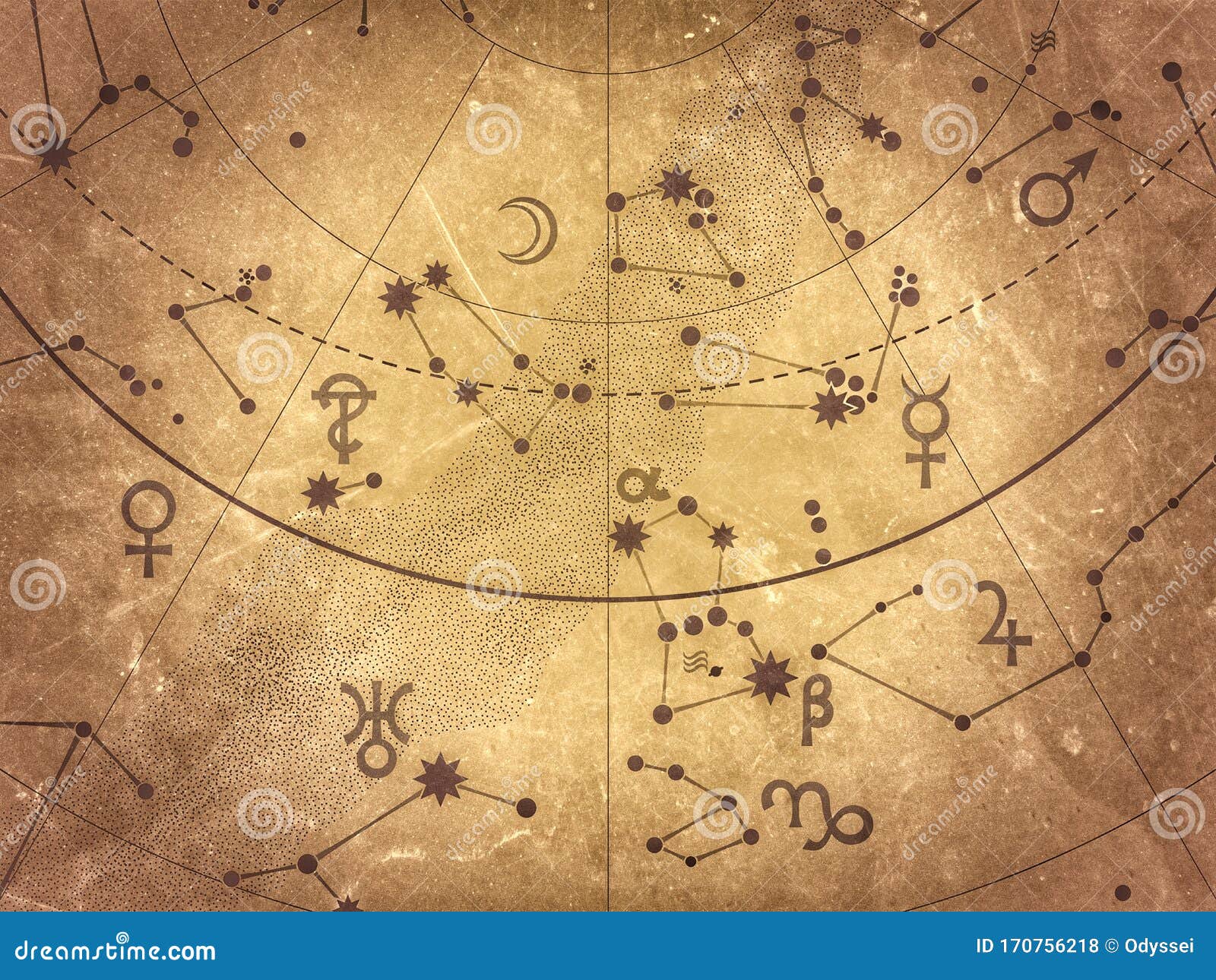 fragment of astronomical celestial atlas: stars, planets, heavens. (antique selenium: grunge vintage remake).