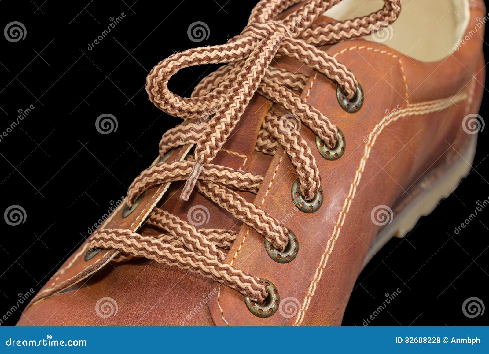 Fragment of Brown Mens Shoe with Shoelaces on Dark Background Stock ...