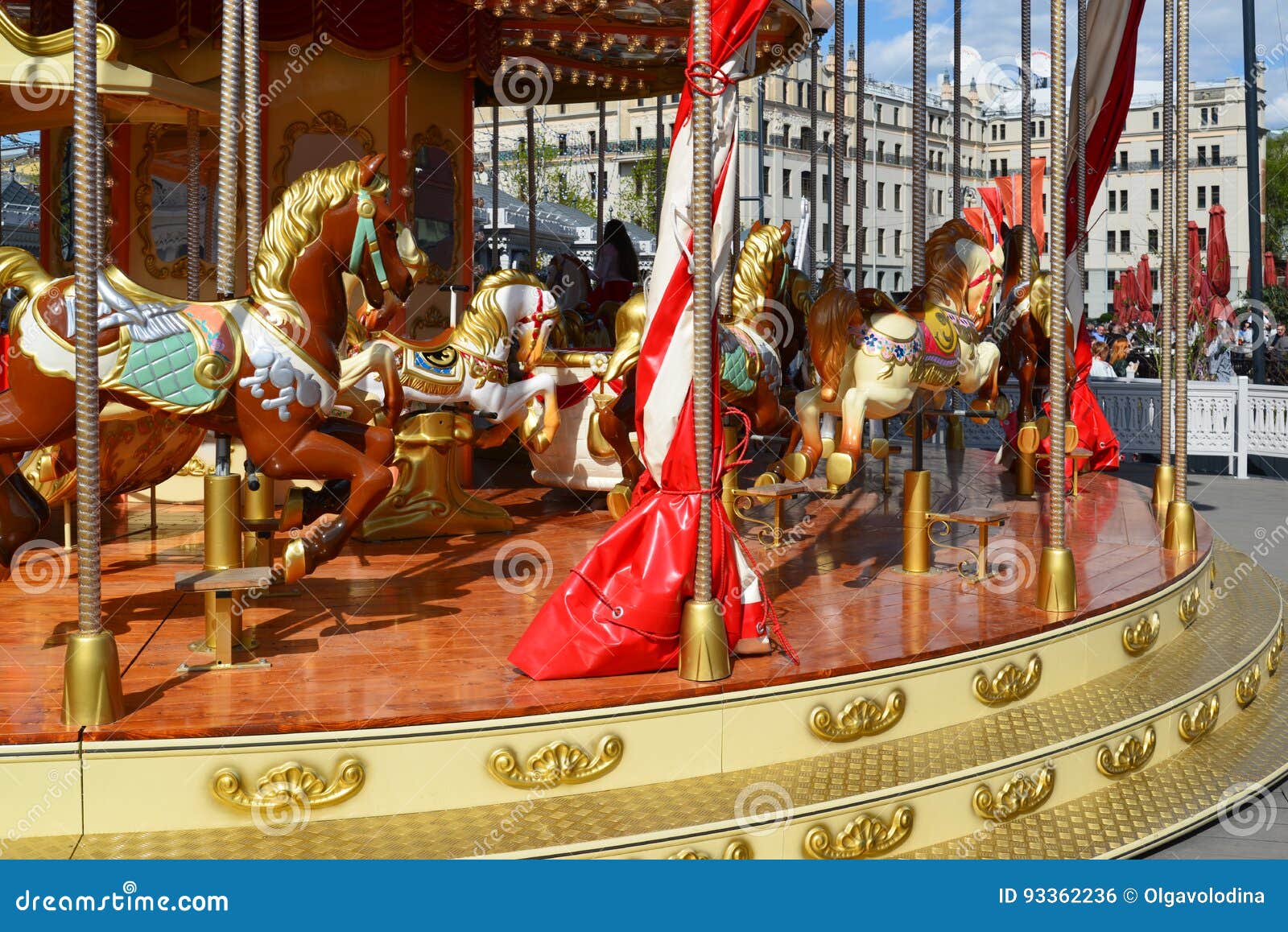 Fragment of a children`s merry-go-round with horses in Moscow, Russia
