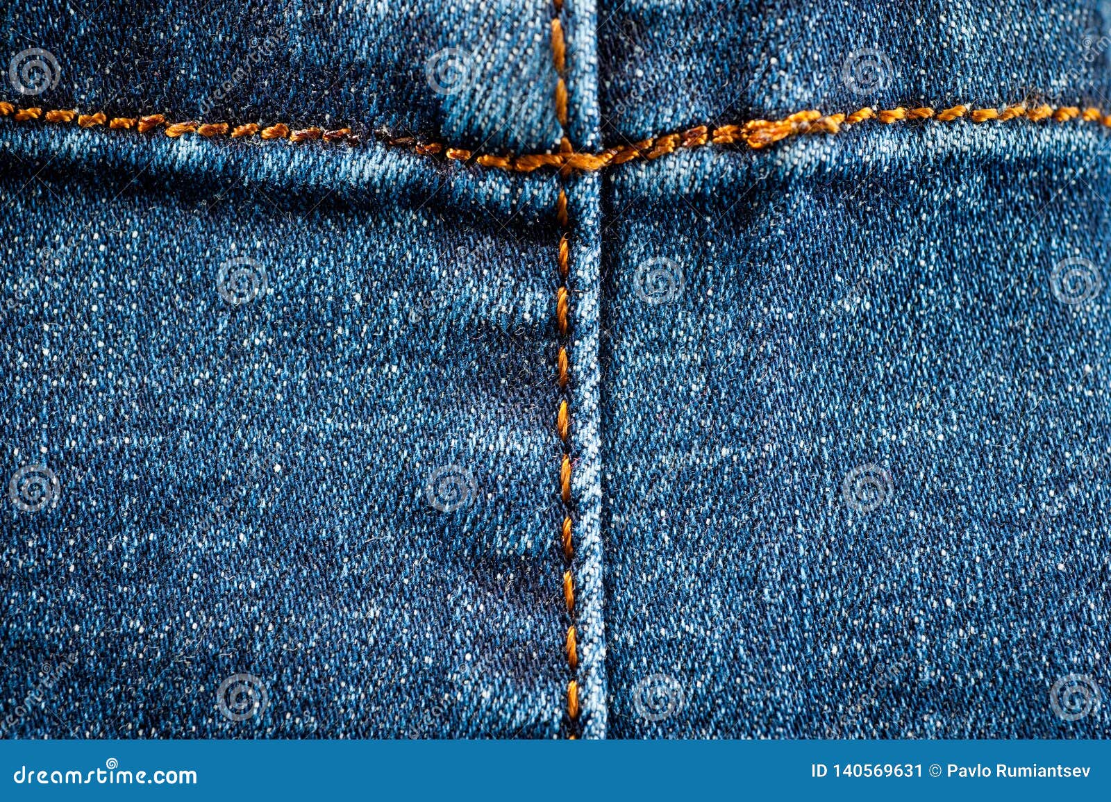 Fragment of a Classic Blue Denim Texture with Orange Stitching Stock ...