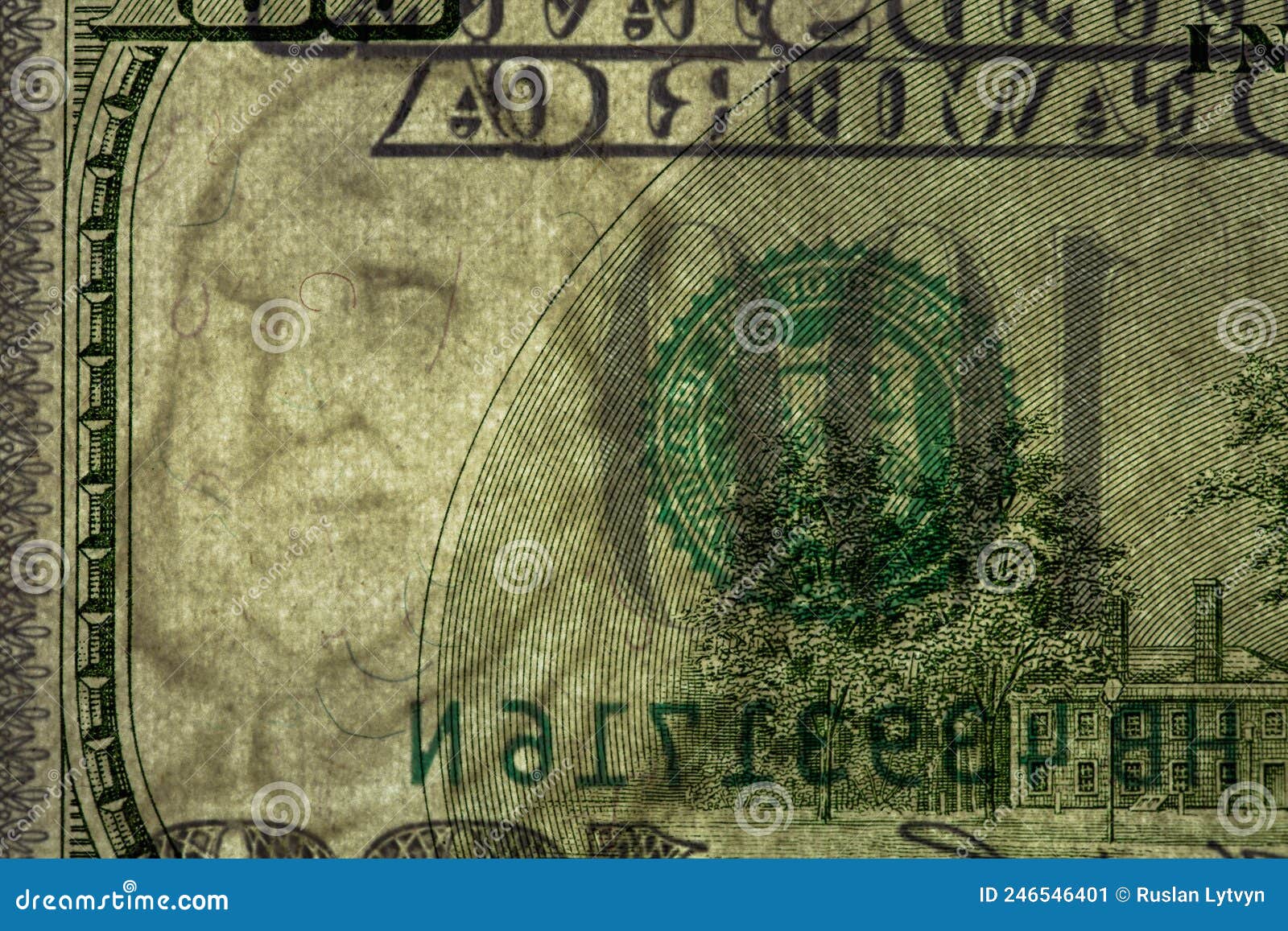 fragment of 100 dollar banknote with visible details of banknote reverse