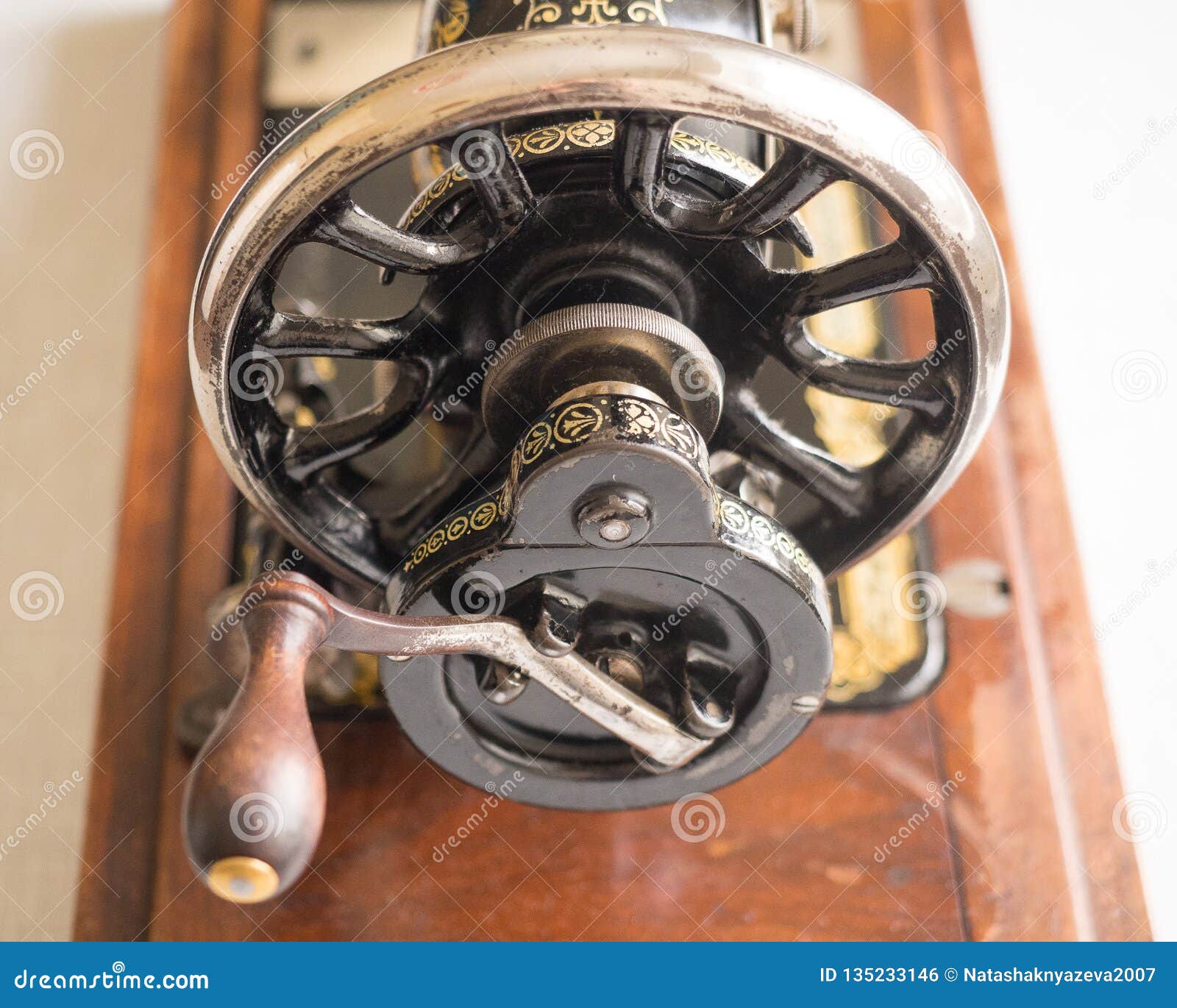 Fragment of First Hand SINGER Sewing Machine, Flywheel, Selective Focus