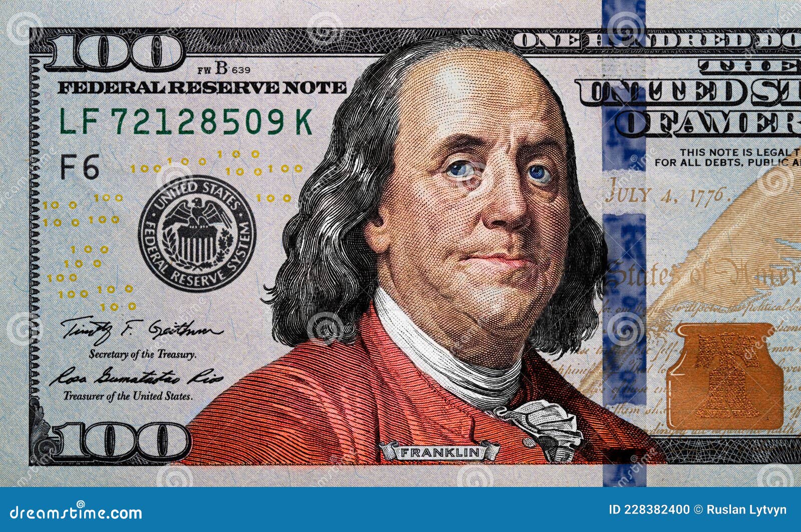 Fragment of New Colorized 100 Dollar Banknote Stock Photo - Image of cash,  background: 228382400