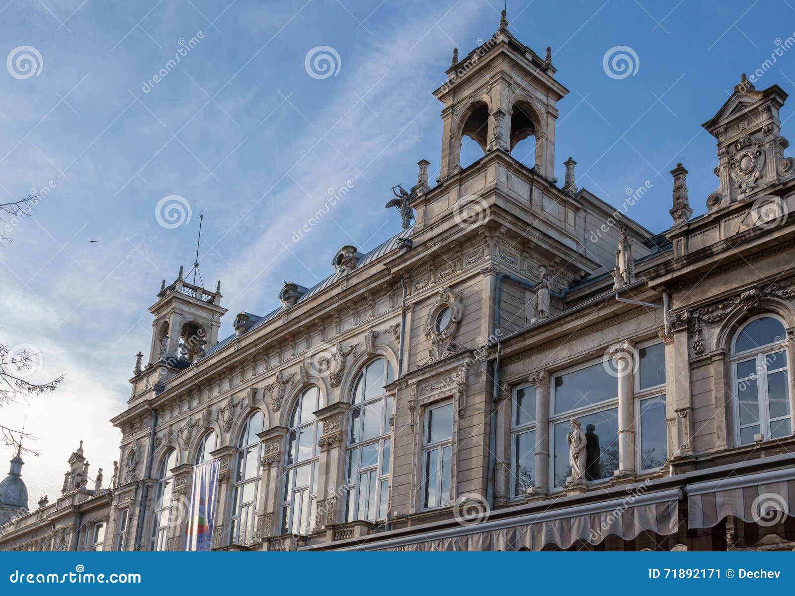 fragment of old building facade with rich decoration in ruse, bulgaria. the opera is historical baroque building, built in 1902