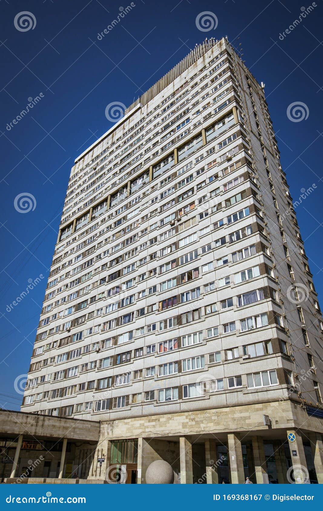 fragment of residential building in saint-petersburg, russia, soviet modernism brutalism