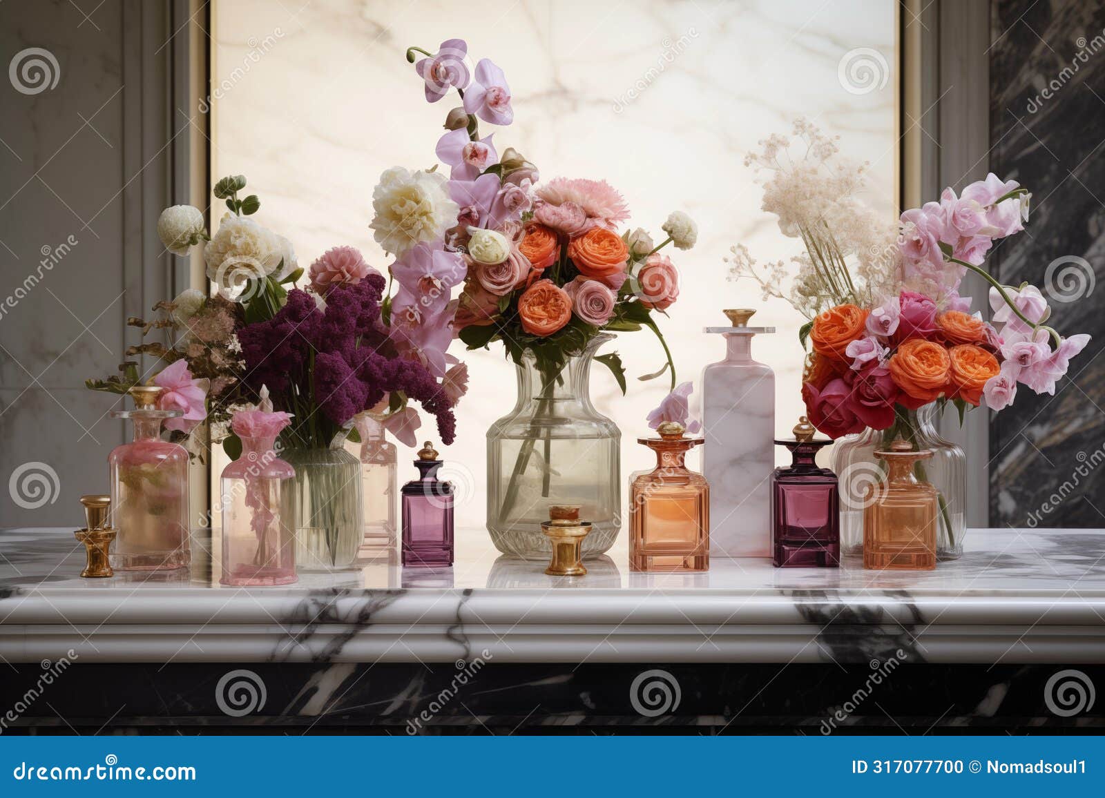 fragrant perfume bottles in row with flower decoration. generative ai