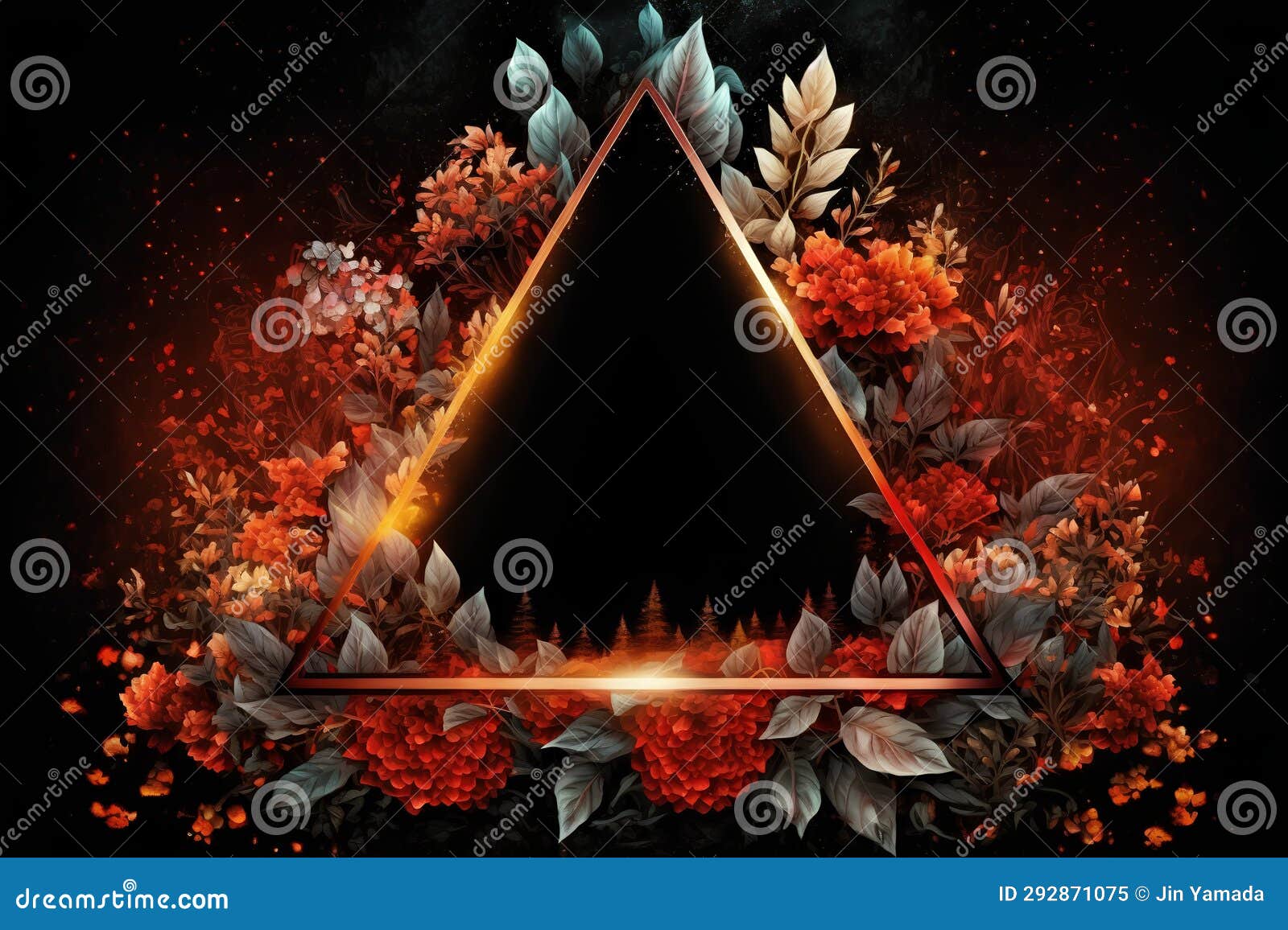 Frame with Autumn Flowers, Leaves and Firework. Floral Background Stock