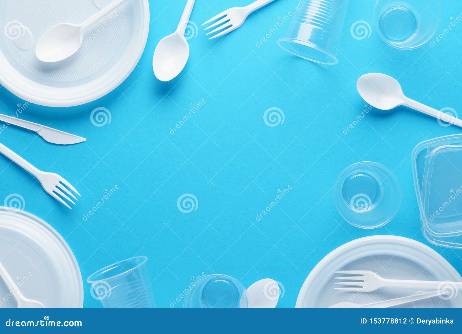 Frame Background Made of White Plastic Disposable Tableware Stock Photo