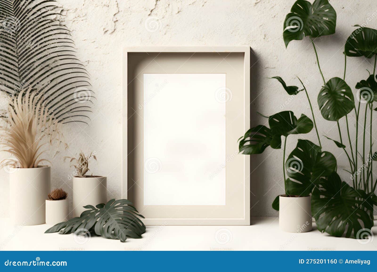 Frame Biege Empty Mockup in Minimalist Interior with Plants Nearby on