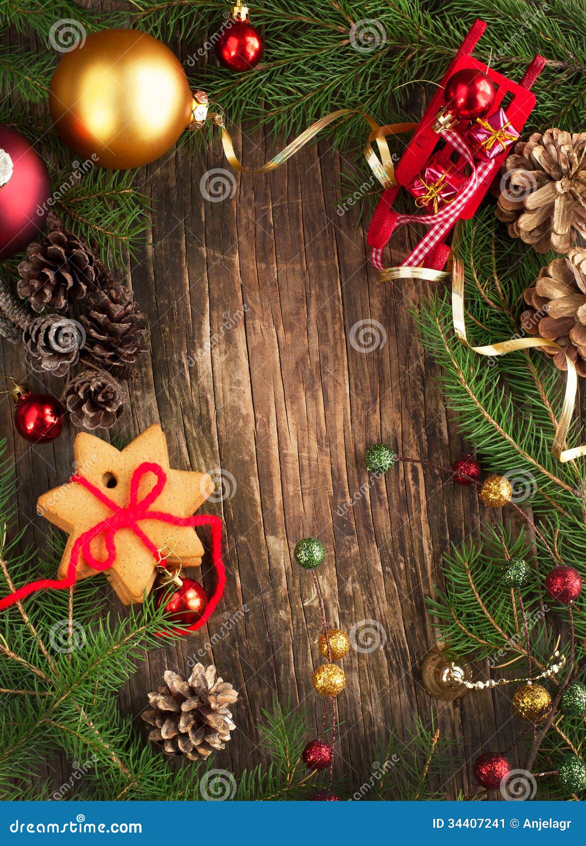 Frame with Christmas Tree Branches, Cookies and Ornaments Stock Image ...
