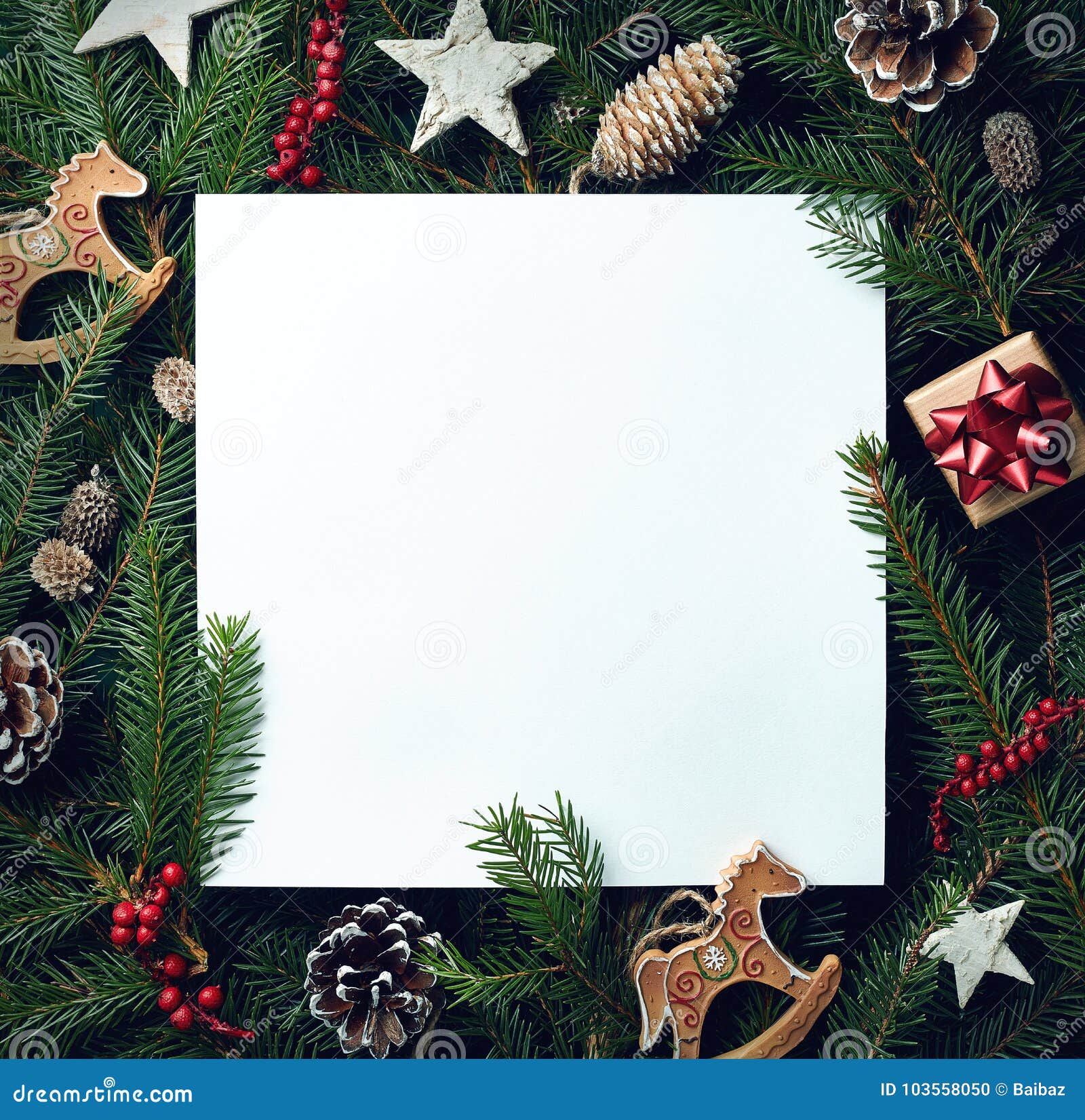 Frame of Christmas Tree Branches and Decorations Stock Photo Image of