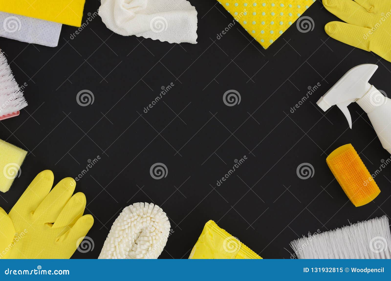 Frame Composition of Yellow and White Cleaning Hygiene Products Set for